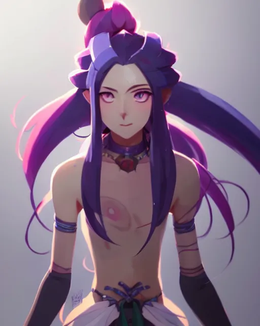 Image similar to jinx from league of legends, blue pigtails hair, detailed perfect face, exquisite details, fire magic, mid view, design on a white background, by studio muti, greg rutkowski makoto shinkai takashi takeuch studio ghibli