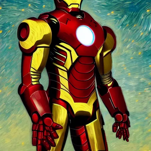 Image similar to Iron Man in the style of Vincent Van Gogh, masterpiece digital painting, 4k wallpaper, intricate detail, beautiful, gorgeous, stunning, artstation