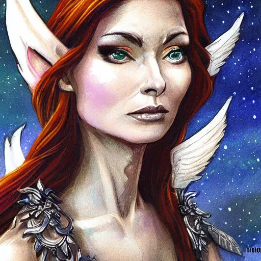 Prompt: Character portrait, face close up: Half Elf Female Celestial Warlock. Tori Amos avenging angel. In the style of Ralph Horsley