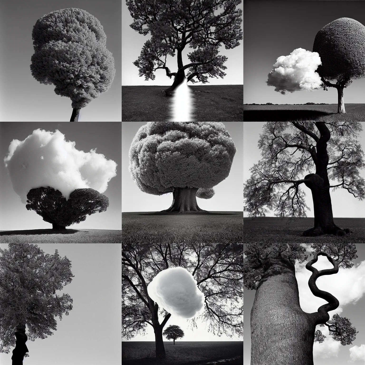 Prompt: Award-winning photograph by Chema Madoz. The photo depicts a cloud in a tree’s trunk. Black and white, minimalism, high definition, perfect composition