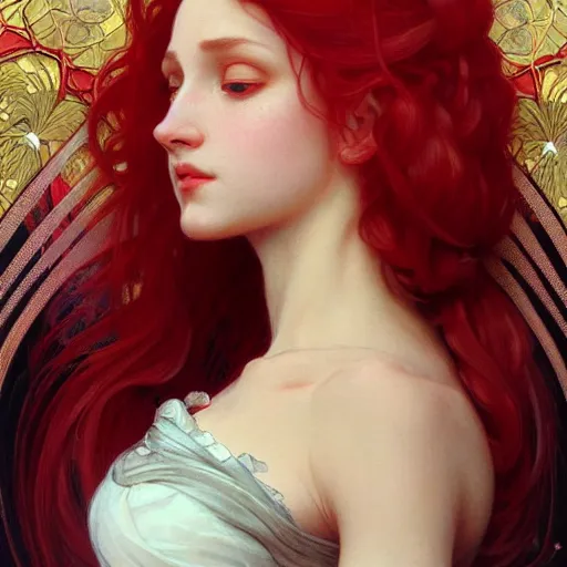 Image similar to portrait of red queen, intricate, elegant, highly detailed, digital painting, artstation, concept art, smooth, sharp focus, illustration, art by artgerm and greg rutkowski and alphonse mucha and william - adolphe bouguereau