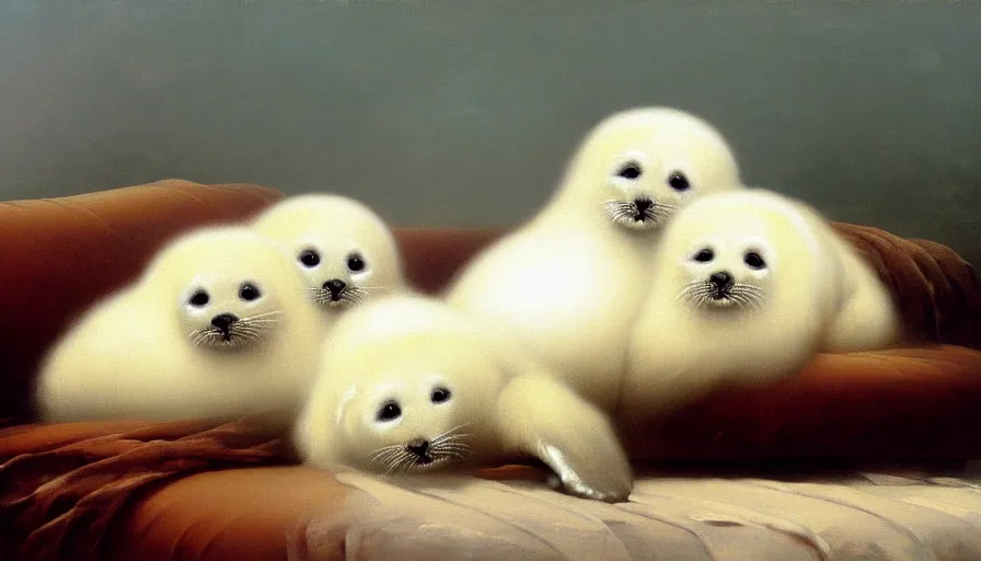 Prompt: highly detailed painting of cute furry white baby seals cuddling up on a brown leather sofa with ice by ivan aivazovsky, thick brush strokes and visible paint layers, 4 k resolution, lounge background