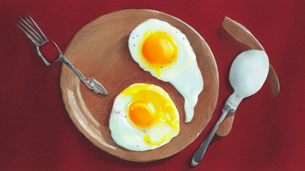 Prompt: fried egg, soft yolk, wooden plate, kseniia yeromenko, rob duenas, watercolor, illustration, red background, highly detailed