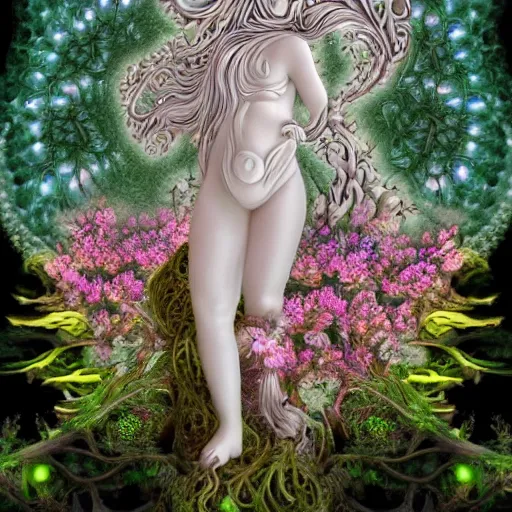 Image similar to an idealistic marble statue with fractal flowery hair in a fractal garden, glowing delicate flower and mushrooms that grow in a dark fatansy forest on the planet Pandora,, symmetrical,