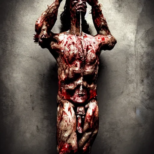 Image similar to a highly detailed realistic photographic render crucified bloody humanoid pig, bloody christ with the head of a pig, dead souls, religious sculpture, creepy, horror, horror scene, cinematic horror, creepy horror, scary scene, cinematic lighting, cinematic scene, Volumetric lighting, Atmospheric scene, Dark, Horror, Atmospheric lighting, Global illumination, realistic, photo realism, hyper realistic, hyper realism, photo realisitc, cinematic render, film, beautifully lit, ray traced, octane 3D render, octane render, unreal engine