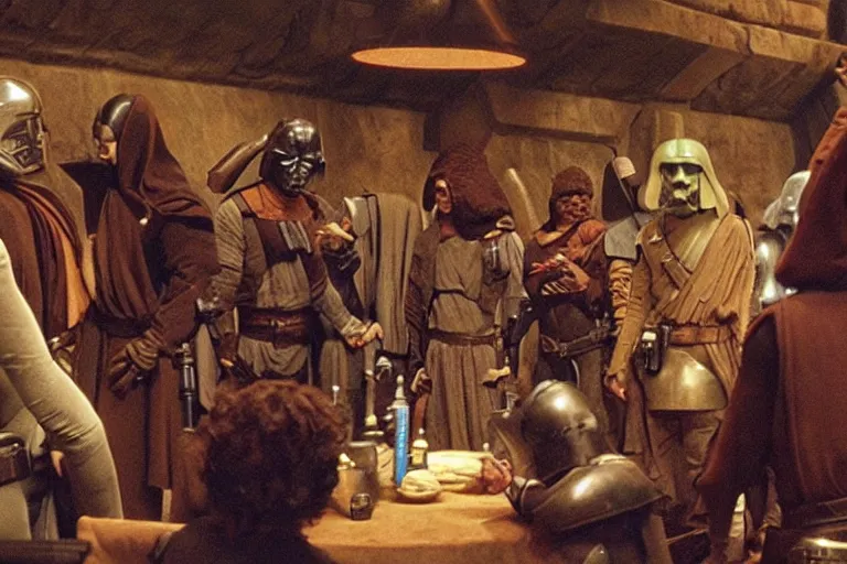 Image similar to the cantina scene from the medieval morality play star wars