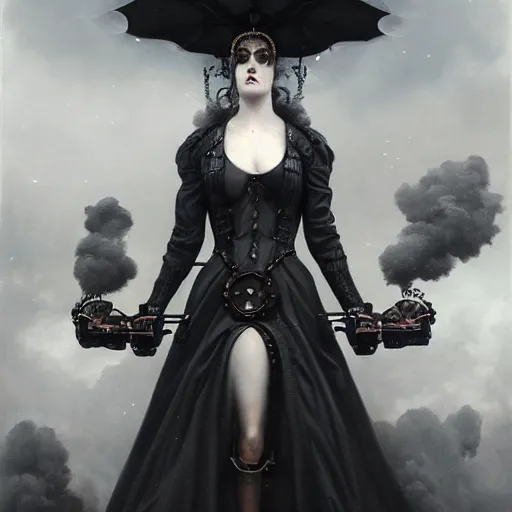 Prompt: By Tom Bagshaw, ultra realist soft painting of a beautiful steampunk gunslinger in long dress in shooting pose at a curiosity carnival by night, symmetry accurate features, very intricate details, ominous sky, black and white, volumetric light clouds