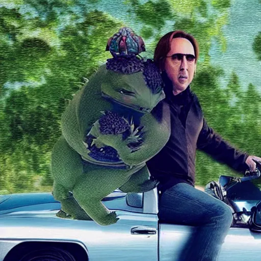 Prompt: Nicholas Cage riding a bulbasaur into battle, photograph