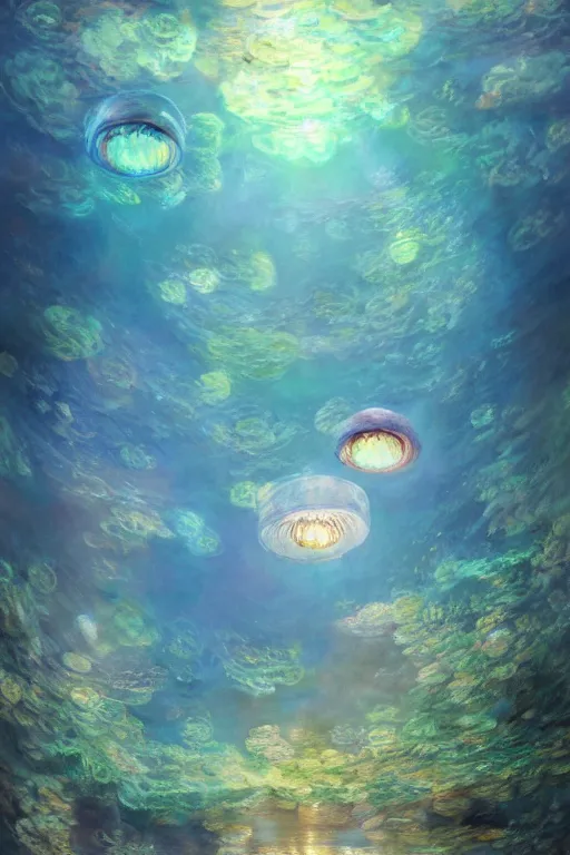 Image similar to a beautiful painting of a cylindrical moon jellyfish tank in an aquarium, ray of light, shimmering and prismatic, rococo, highly detailed, by krenz cushart and monet, trending on artstation.