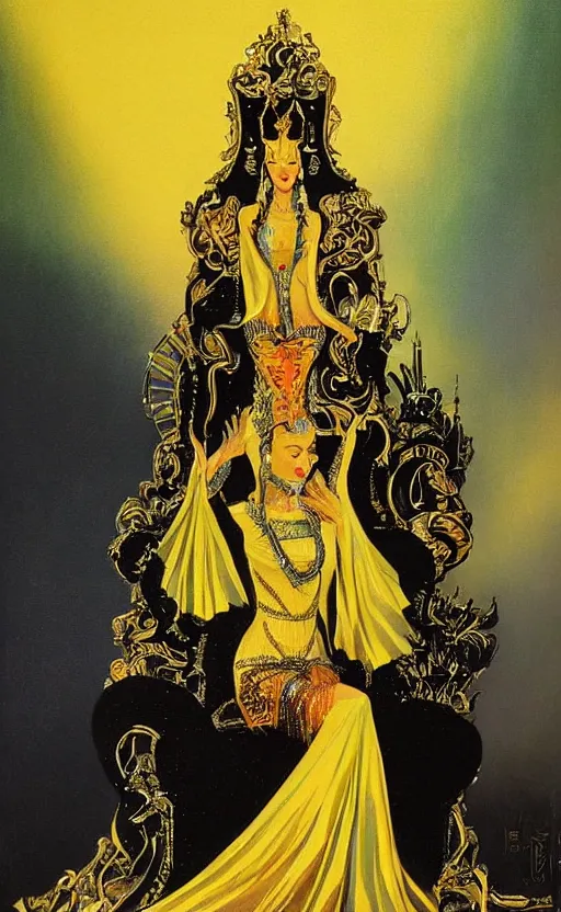 Image similar to an oil painting of a queen in a black funeral dress sitting on a throne, by bruce pennington, by eyvind earle