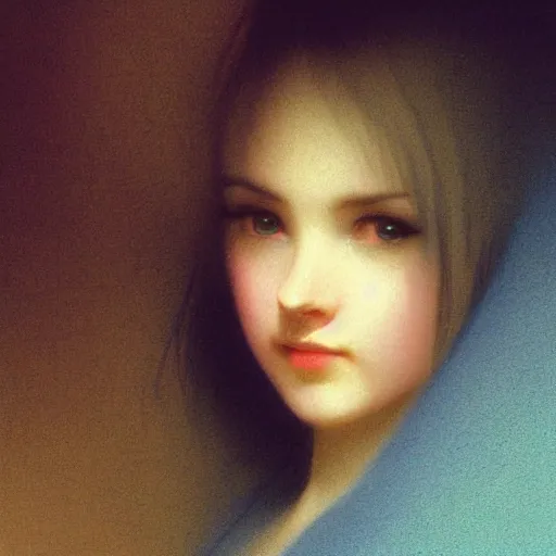 Image similar to a young woman's face, her hair is white and she wears a cobalt blue satin cloak, by ivan aivazovsky and syd mead and moebius and gaston bussiere and roger dean and pieter claesz and paul delaroche and alma tadema and aelbert cuyp, hyperrealistic, volumetric light, octane render
