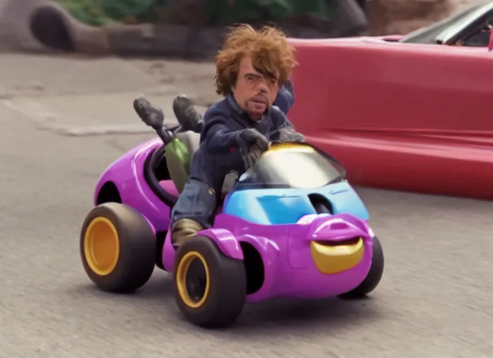 Prompt: peter dinklage racing gizmo from gremlins driving a little tikes cozy coupe, movie still, from the new fast and furious movie, 8 k, realistic