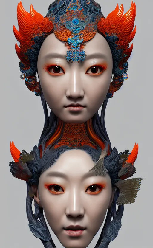 Image similar to 3 d goddess medium shot profile portrait. beautiful intricate highly detailed korean gumiho mask and traditional korean hanbok. stingray, magpie, bio luminescent, plasma, lava, ice, water, wind, creature, artwork by tooth wu and wlop and beeple and greg rutkowski, trending on artstation,