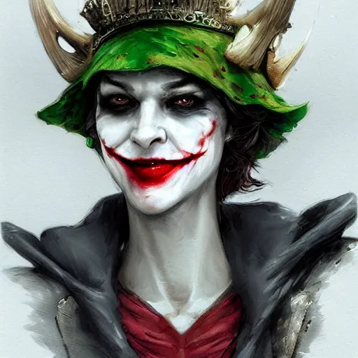 Image similar to joker as an attractive young smiling woman wearing a mushroom crown and heavy armoured wedding dress, face portrait, hd shot, digital portrait, elegant, beautiful, fantasy art, artstation, comic style, by artgerm, guy denning, jakub rozalski, magali villeneuve and charlie bowater