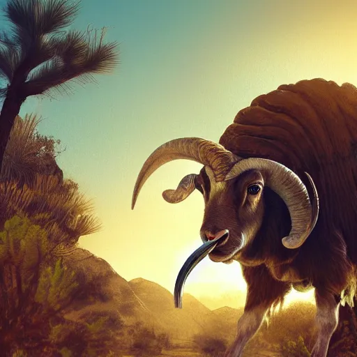 Image similar to ram stuck to a bush by it's horns, caught with its horn in a bush. Desert mountain background. Sunrise. digital painting, concept art, highly detailed, promotional art, HD, digital painting, trending on ArtStation, golden ratio, rule of thirds