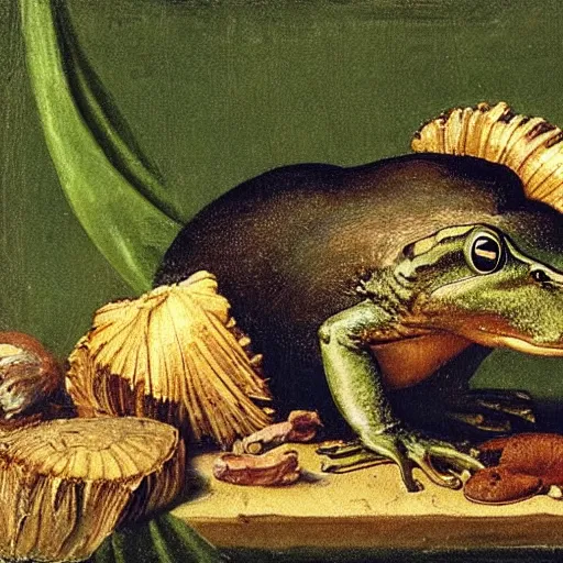 Prompt: “ beaver eating a frog, renaissance painting ”