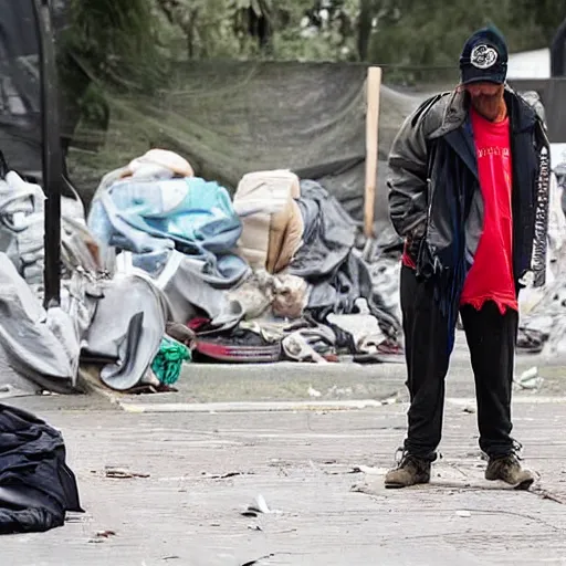 Prompt: homeless trump in a homeless camp, wearing cheap dirty clothes and maga hat, dirty