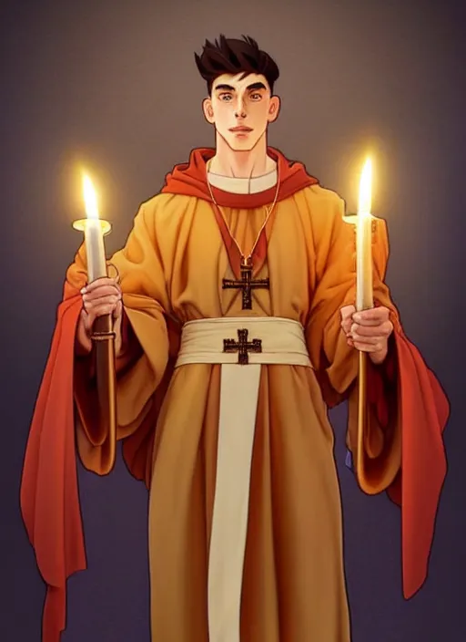 Prompt: muscular kai havertz as a priest wearing robes. holding golden candlestick, in a monestry natural lighting, path traced, highly detailed, high quality, digital painting, by don bluth and ross tran and studio ghibli and alphonse mucha, artgerm