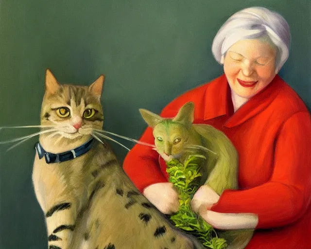 Image similar to detailed portrait of a happy old lady and her plant cat , Edward Hopper, sharp high quality