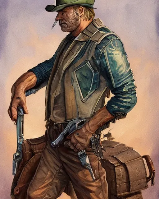 Prompt: a oil / watercolor painting full body character portrait of a turbine gunslinger in the style of moebius in the style of leonard boyarsky trending on artstation deviantart pinterest detailed realistic hd 8 k high resolution