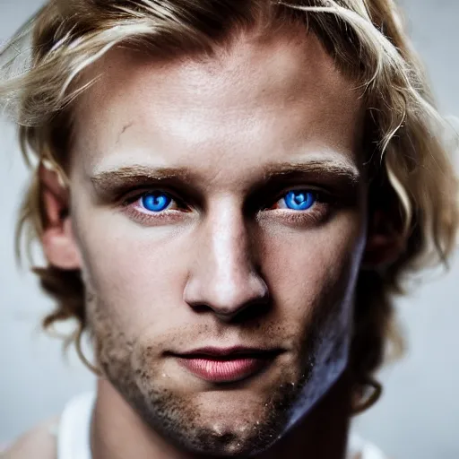 Prompt: color portrait of a beautiful blue eyed blond white male model By Emmanuel Lubezki