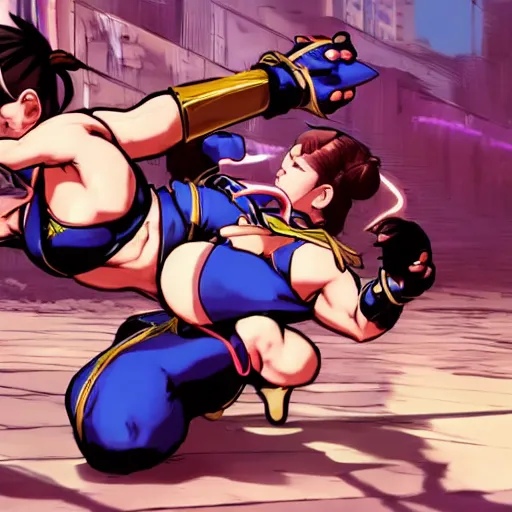 Image similar to chun li fighting hobbs in street fighter v by bill watterson