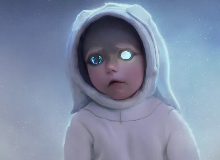 Prompt: angel baby cherub wearing a balaclava ski mask face covered role in a musical sci - fi space opera ghibli animated film, volumetric lighting, octane render by stanley artgerm lau, greg rutkowski, thomas kindkade, alphonse mucha, loish, norman rockwel,