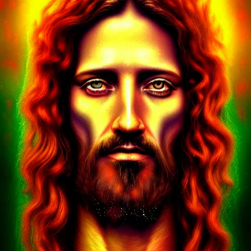 Image similar to An extremely psychedelic portrait of Jesus, surreal, LSD, face, detailed, intricate, elegant, lithe, highly detailed, digital painting, magical, Occult, artstation, concept art, smooth, sharp focus, illustration