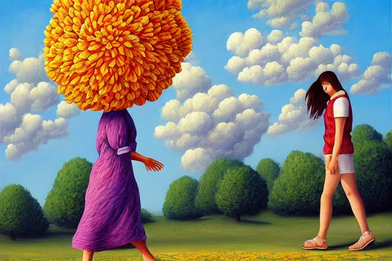 Image similar to giant flower head, woman walking, surreal, clouds in sky, impressionist painting, digital painting, artstation, rob gonsalves