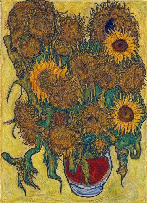 Prompt: an intricate drawing from observation of intertwined sunflowers, some sunflowers dead, some are blooming or crumbling, by Egon Schiele and Piet Mondrian, colors of Mark Rothko