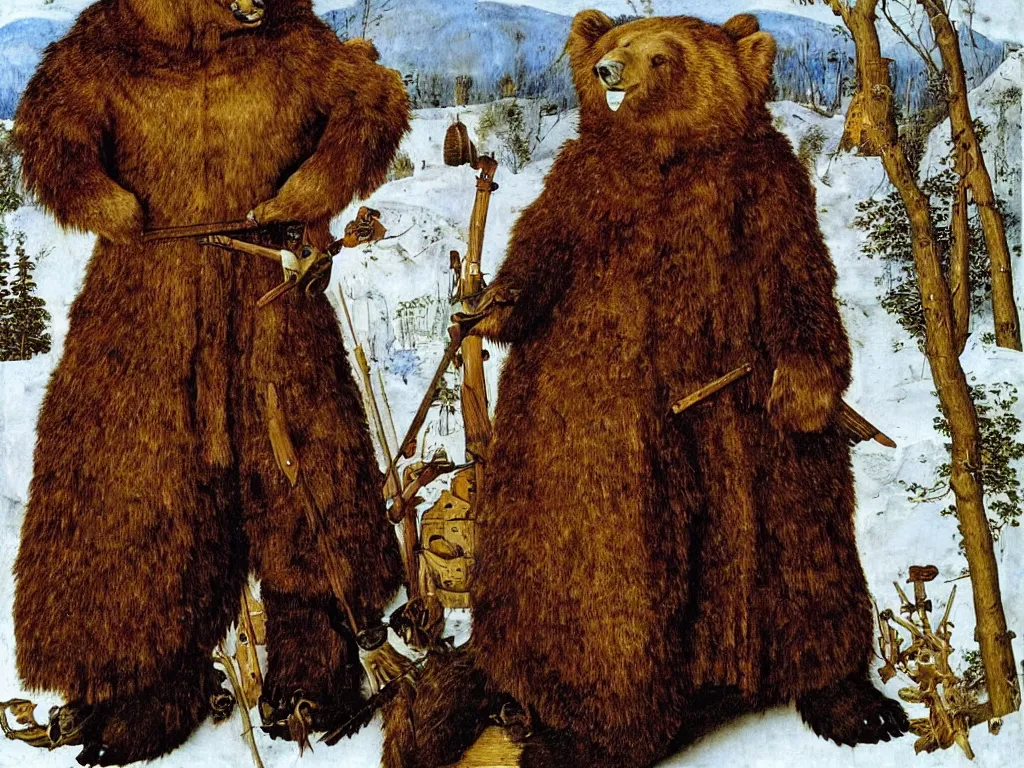 Image similar to siberian bear - hunting armour. painting by jan van eyck