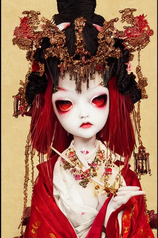 Prompt: avant - garde japanese bjd geisha vampire queen in victorian red dress in the style of dark - fantasy lolita fashion painted by yoshitaka amano, takato yamamoto, jgustav klimt, dmt art, symmetrical vogue face portrait, volumetrics, intricate detail, artstation, cgsociety, artgerm, gold skulls, rococo