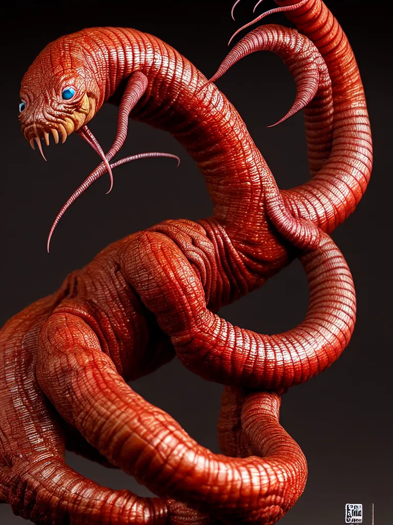 Image similar to hyperrealistic rendering, earthworm by bernie wrightson and killian eng and joe fenton, product photography, action figure, sofubi, studio lighting, colored gels, colored background