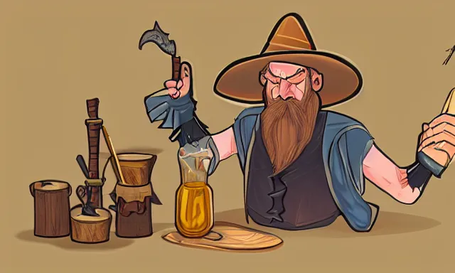 Image similar to 🧙‍♂️ Character art of a D&D wizard doing magic in his laboratory, with a blond beard and curly hair and a wide-brimmed straw hat, concept art, digital art