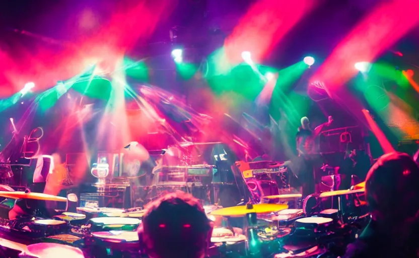 Image similar to colour photograph of 808 state on top of the pops, close up of Jimmy tarbuck blowing on a shakalute, shallow depth of field cinematic multi coloured light show in the back ground