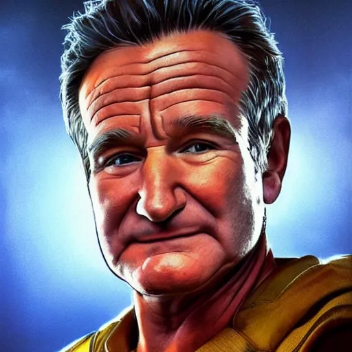 Image similar to Very very very very highly detailed epic photo of Robin Williams, intricate, dystopian, sci-fi, extremely detailed, digital painting, artstation, concept art, smooth, sharp focus, illustration, intimidating lighting, incredible art by Artgerm and Vincent di Fate