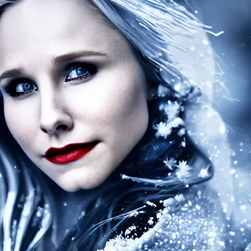 Image similar to Kristen Bell as a snow goddess covered in snow, grungy, unkept hair, glowing eyes, winter, modelsociety, radiant skin, huge anime eyes, RTX on, bright on black, dramatic, studio lighting, perfect face, intricate, Sony a7R IV, symmetric balance, polarizing filter, Photolab, Lightroom, 4K, Dolby Vision, Photography Award