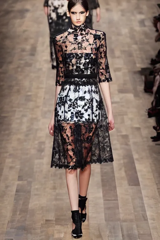 Prompt: valentino 2 0 1 3 spring floral, lace, block patterned, cybernetic avant garde fashion, sheer dress, short skirt, natural outdoors