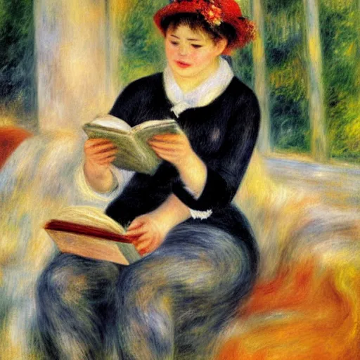 Prompt: renoir painting of black cat reading a book