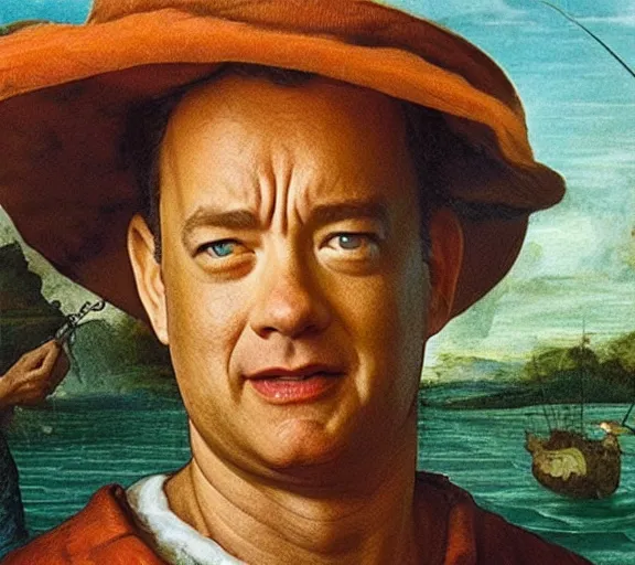 Image similar to Tom hanks as forrest fishing for shrimp in a giant shrimp boat, majestic beautiful world, renaissance painting, amazing detail