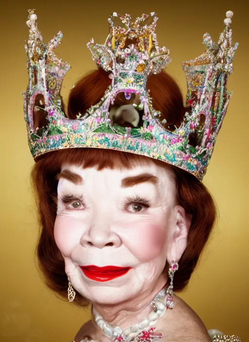 Image similar to closeup face profile portrait of tin toy shirley maclaine as a fairytale princess wearing a crown eating cakes, bikini, depth of field, zeiss lens, detailed, symmetrical, centered, fashion photoshoot, by nicoletta ceccoli, mark ryden, lostfish, breathtaking, 8 k resolution, extremely detailed, beautiful, establishing shot, artistic, hyperrealistic, octane render