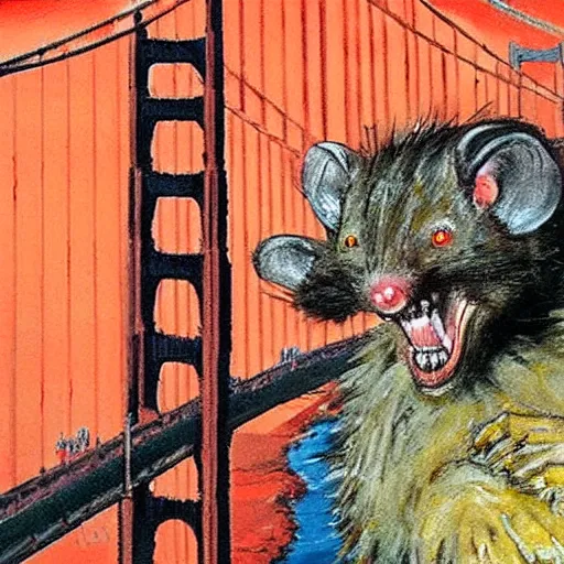 Image similar to a swarm of rabid rats invading the golden gate bridge by basil gogos