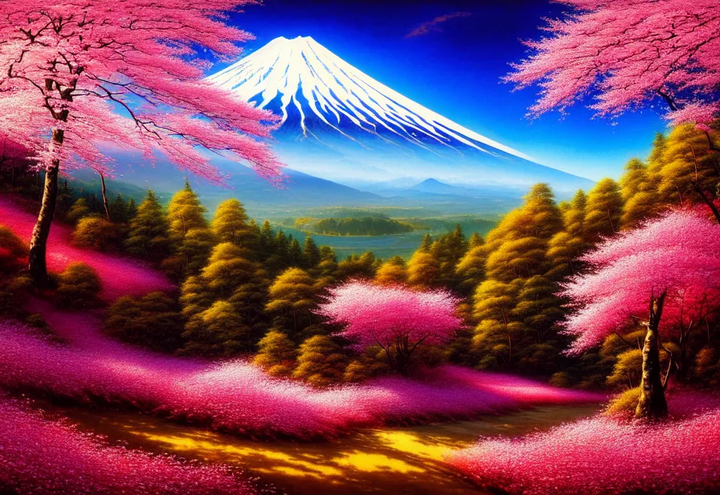 Image similar to a real photographic landscape painting with incomparable reality, wide angle, in forest, flowers, cherry blossom tree in full bloom, bright style, mount fuji, clearing, john howe, magnificent, artstation