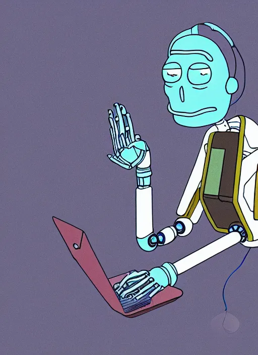 Image similar to an artificial intelligence in a robot short circuiting why studying how human hands look, rick and morty art style illustration, location is a robot factory