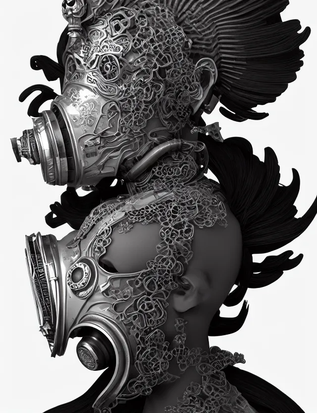 Image similar to 3 d goddess close - up profile portrait with vintage gas mask ram skull. beautiful intricately detailed japanese crow kitsune mask and clasical japanese kimono. betta fish, jellyfish phoenix, bio luminescent, plasma, ice, water, wind, creature, artwork by tooth wu and wlop and beeple and greg rutkowski