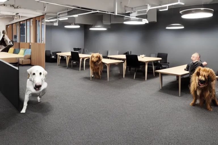 Image similar to pets are working in co - working spaces or modern offices, no people