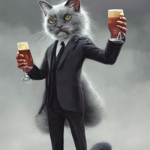 Image similar to a big dark angry powerful menacing grey cat wearing a suit. Holding a beer. Waving into the camera. With long fur and fluffy tail sitting, intricate, elegant, highly detailed, digital painting, artstation, concept art, matte, sharp focus, illustration, art by Artgerm and Greg Rutkowski and Alphonse Mucha