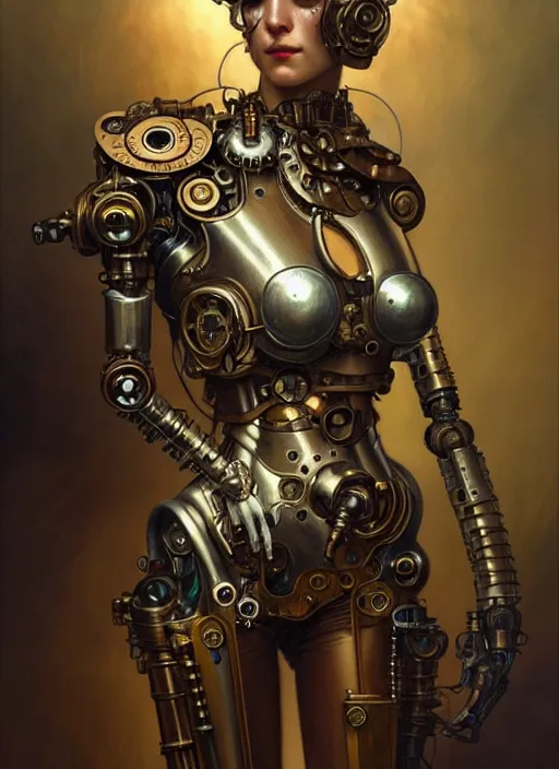 Prompt: steam punk cyborg, diffuse lighting, fantasy, intricate, elegant, highly detailed, lifelike, photorealistic, digital painting, artstation, illustration, concept art, smooth, sharp focus, art by John Collier and Albert Aublet and Krenz Cushart and Artem Demura and Alphonse Mucha