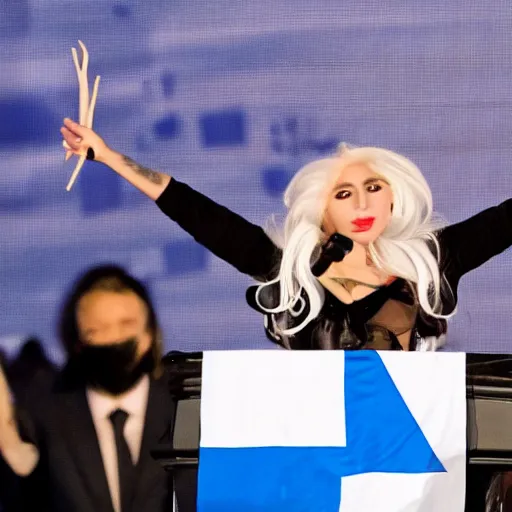 Image similar to Lady Gaga as president, Argentina presidential rally, Argentine flags behind, bokeh, giving a speech, detailed face, Argentina