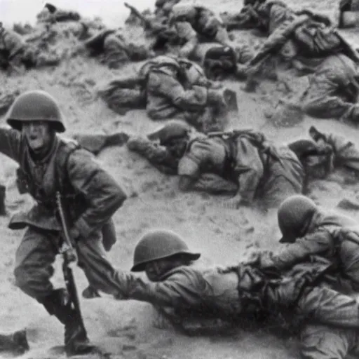 Prompt: Hank Hill storming Omaha Beach, epic, WWII, 1940s photo, cinematic, highly detailed, gritty, combat, sharp focus, closeup